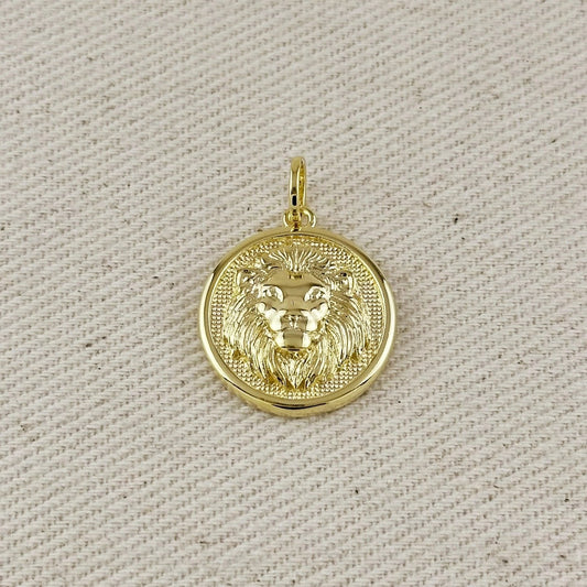 Embossed Lion Medal Charm - Gold Filled