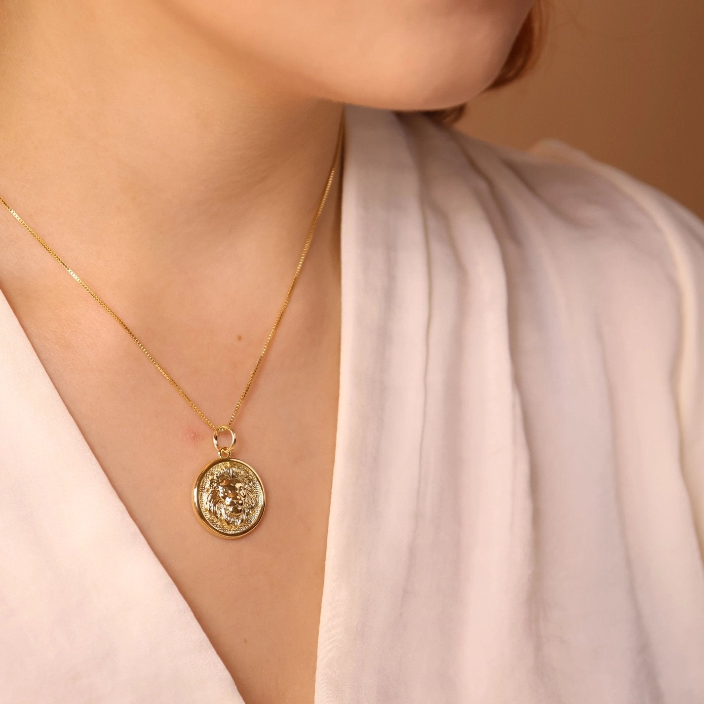 Embossed Lion Medal Charm - Gold Filled