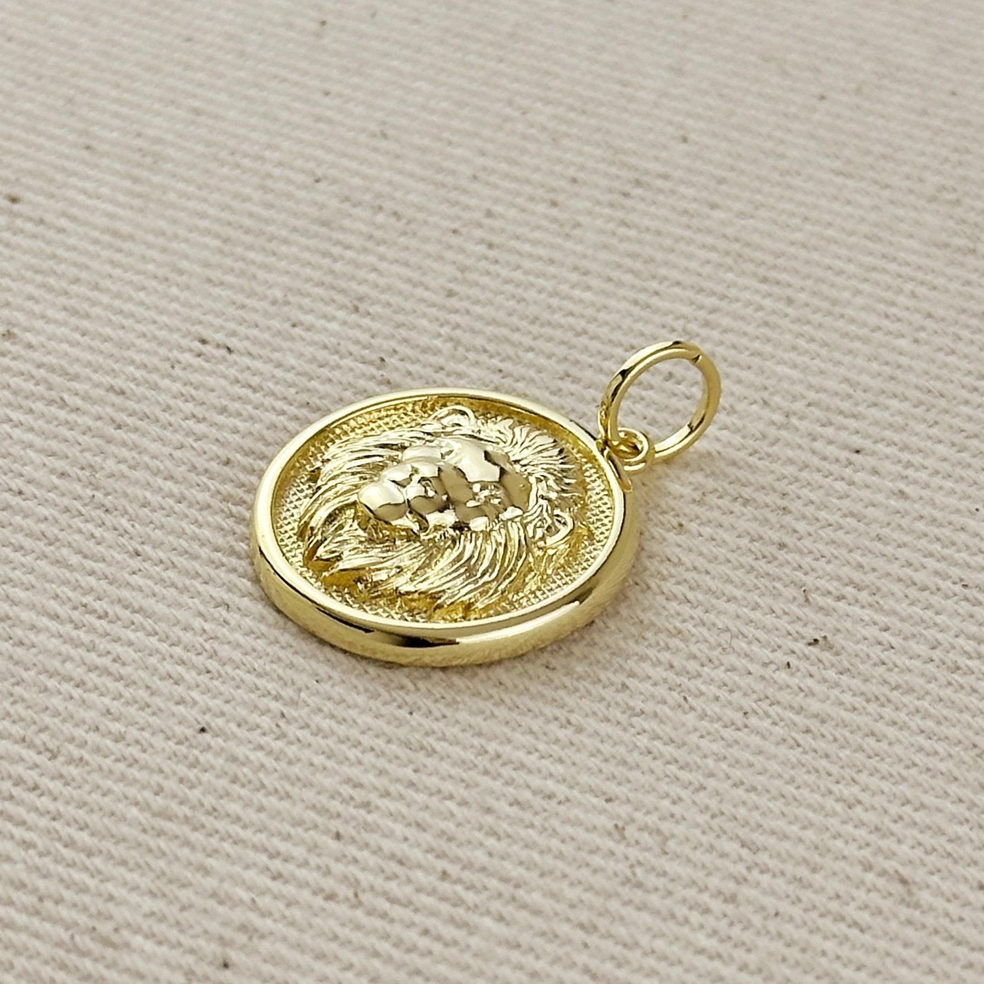 Embossed Lion Medal Charm - Gold Filled