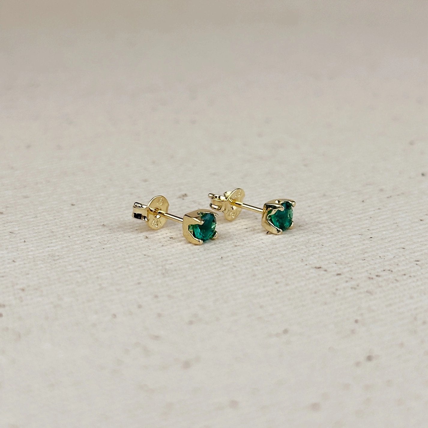 4mm Emerald Green Cubic Zirconia Stud Earrings - Gold Filled