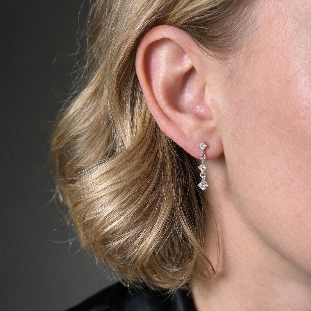 Three CZ Drop Stud Earrings – Sterling Silver