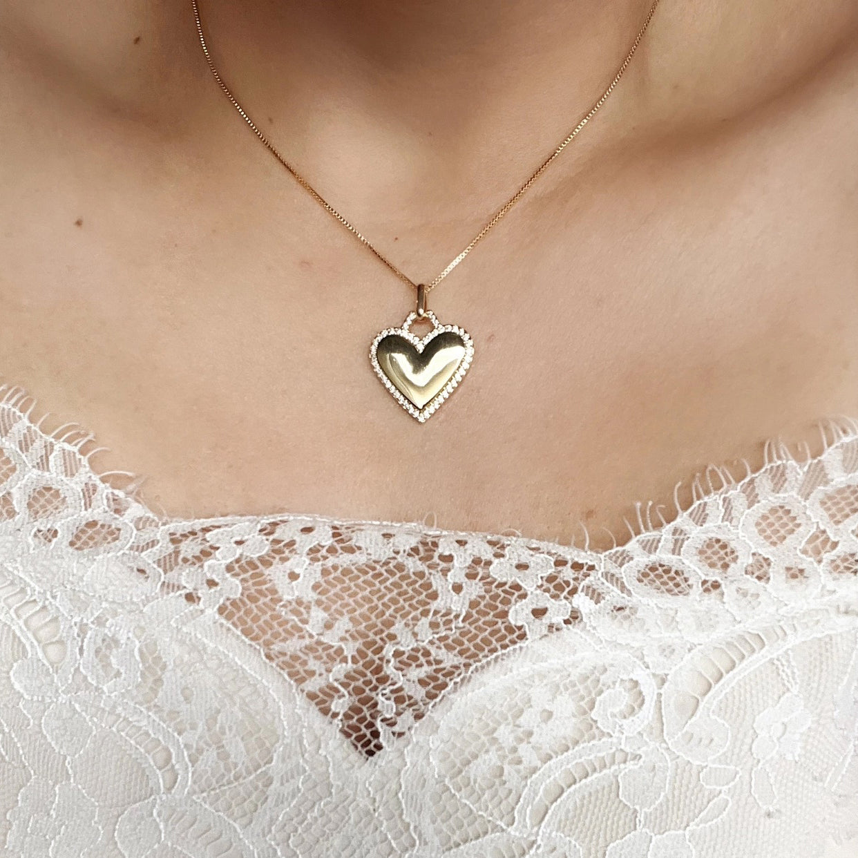 Large Heart Charm Pendant with CZ Surround - Gold Filled