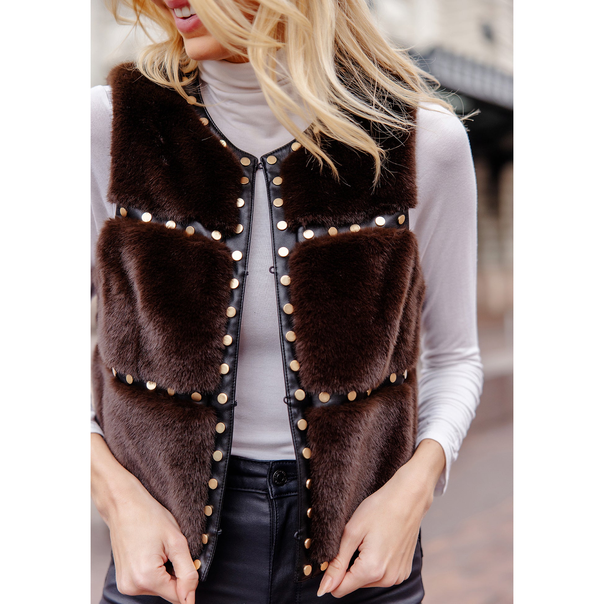 Faux Fur 'Giselle' Studded Vest - Espresso