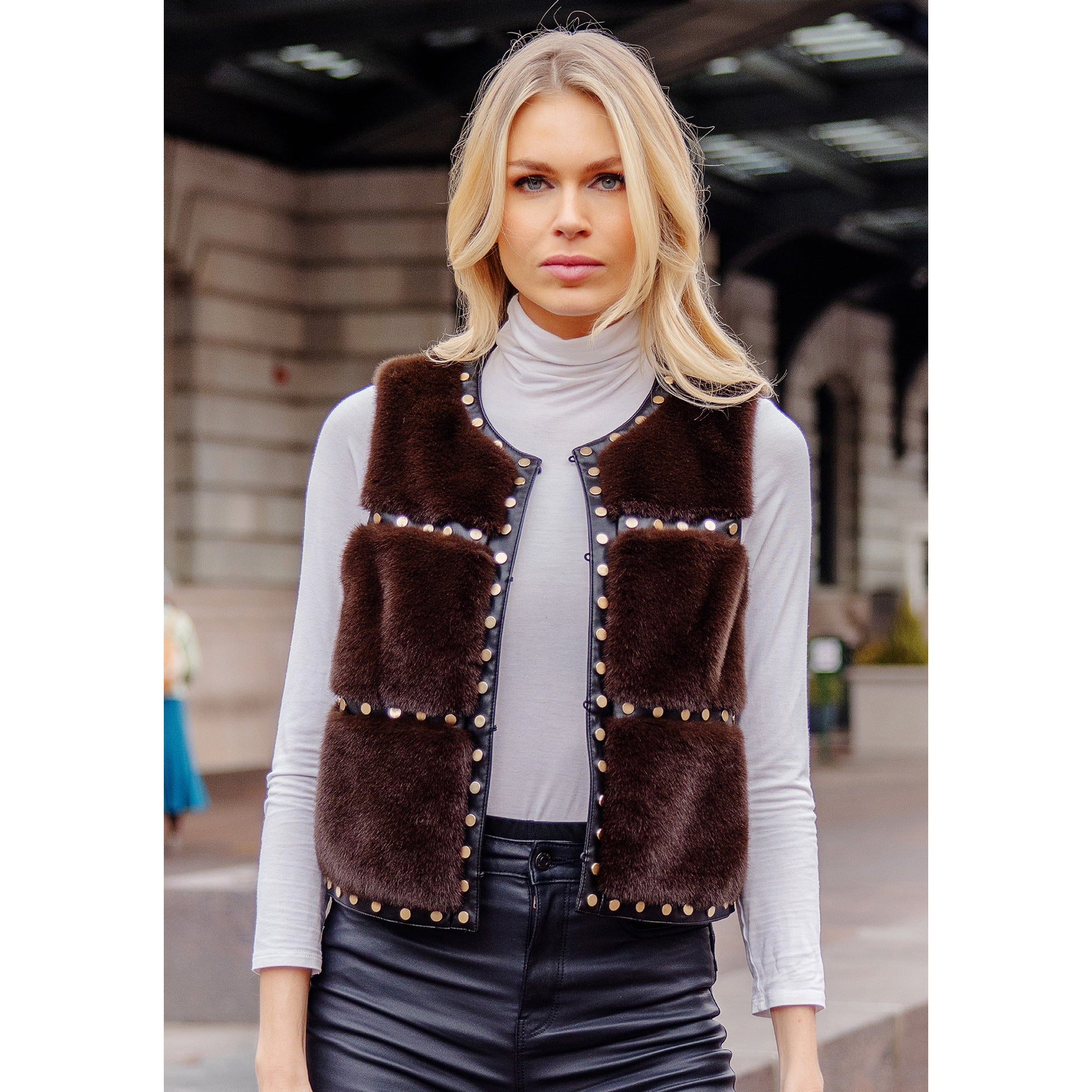 Faux Fur 'Giselle' Studded Vest - Espresso