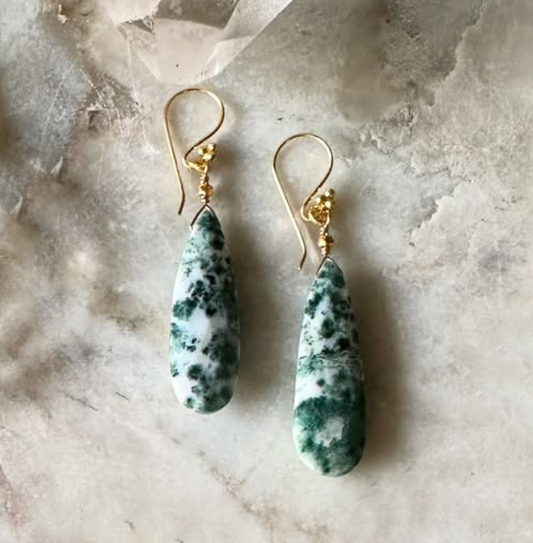 Green Spotted Jasper Teardrop Dangle Earrings