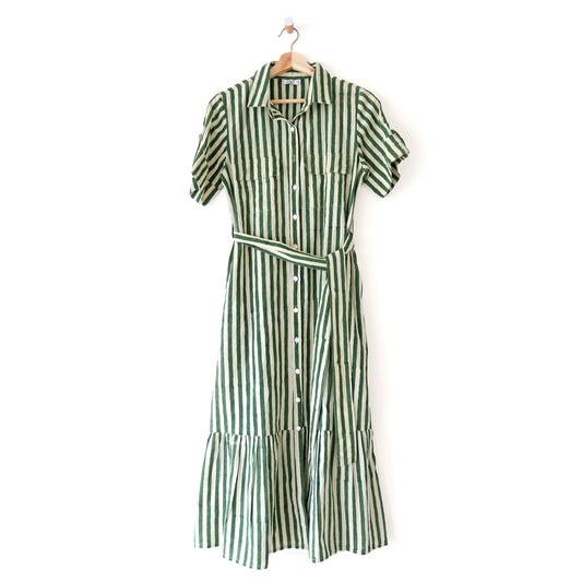 Hand-Block Printed Shirt Dress – Green Stripe