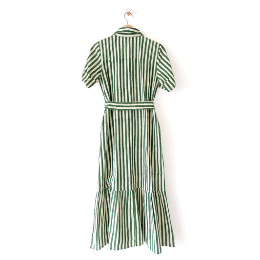 Hand-Block Printed Shirt Dress – Green Stripe