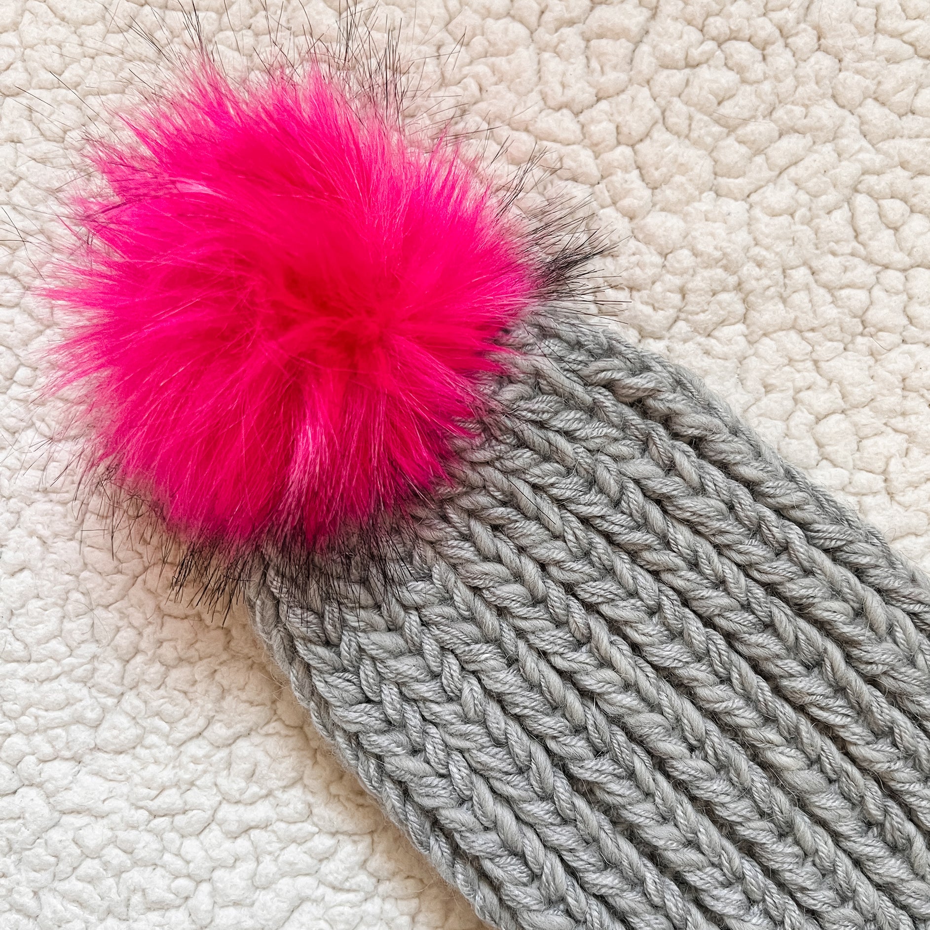Handknit Pom-Pom Beanie (Select Color) Grey/Fuchsia