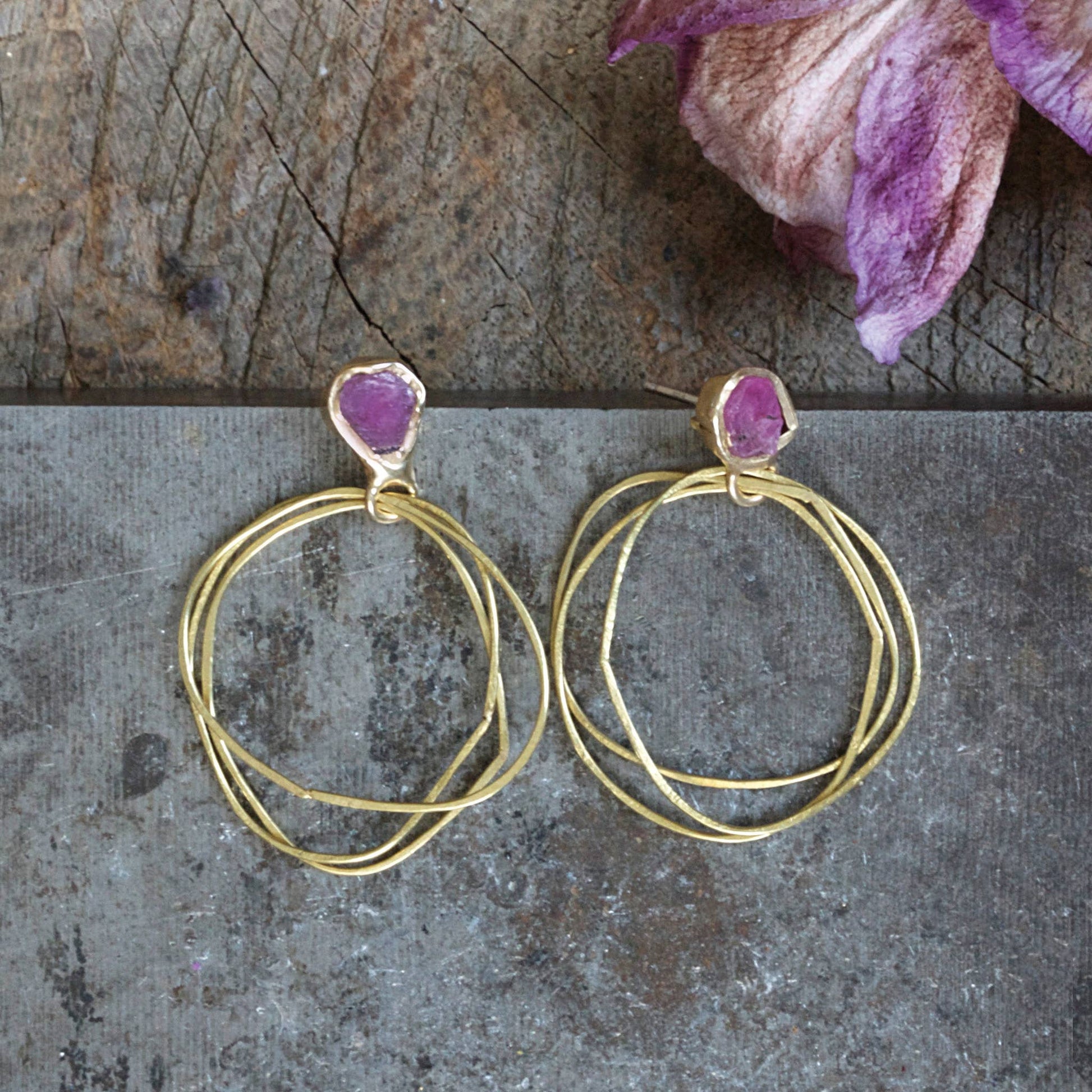 Guardian Brass Hoop Earrings with Raw Rubies