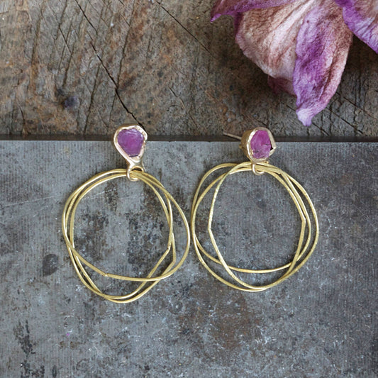 Guardian Brass Hoop Earrings with Raw Rubies
