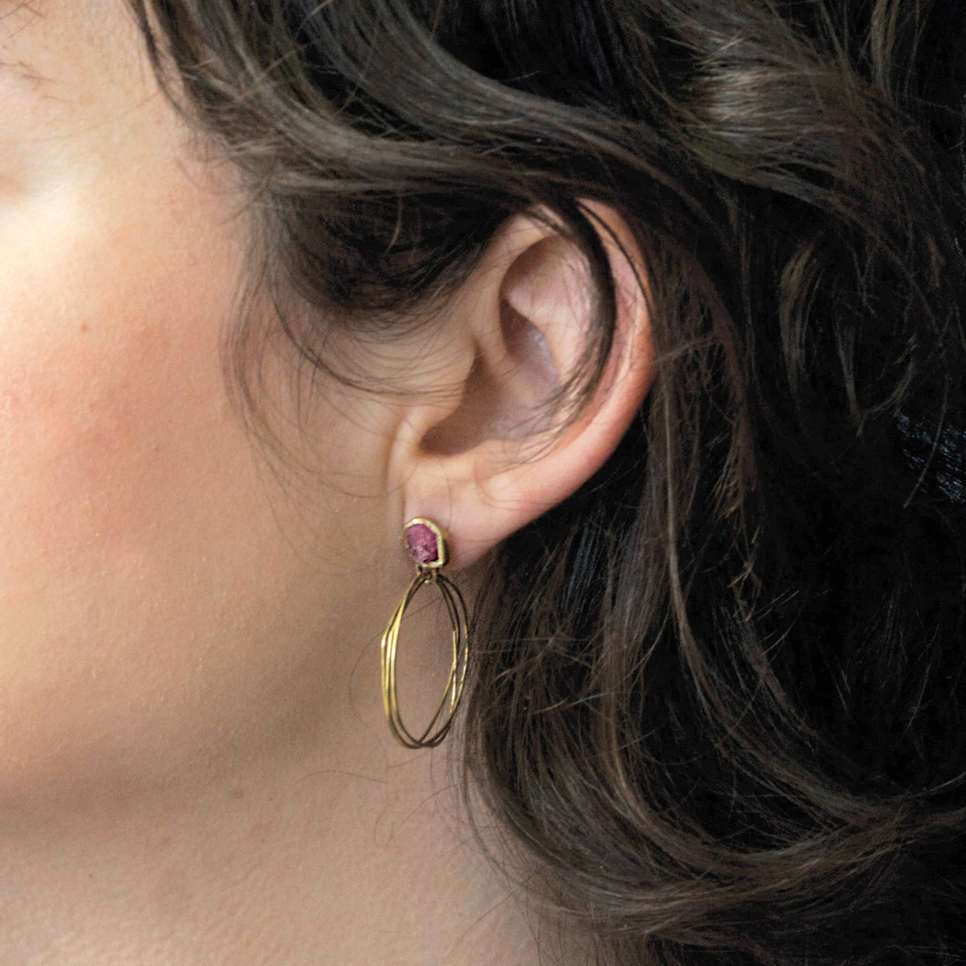 Guardian Brass Hoop Earrings with Raw Rubies
