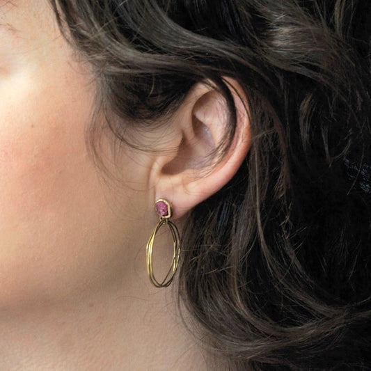 Guardian Brass Hoop Earrings with Raw Rubies