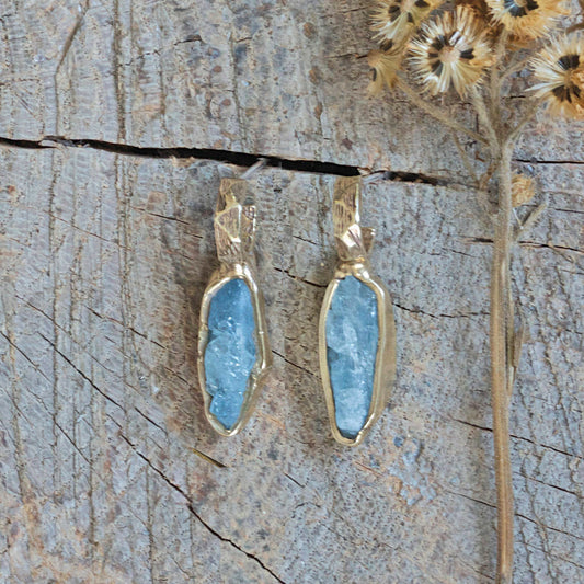 Guardian Brass Huggie Post Earrings with Raw Aquamarine