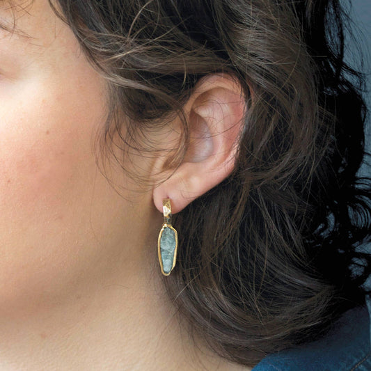 Guardian Brass Huggie Post Earrings with Raw Aquamarine