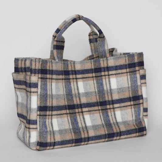 Plaid Airplane Tote Bag - Blue/Brown Combo