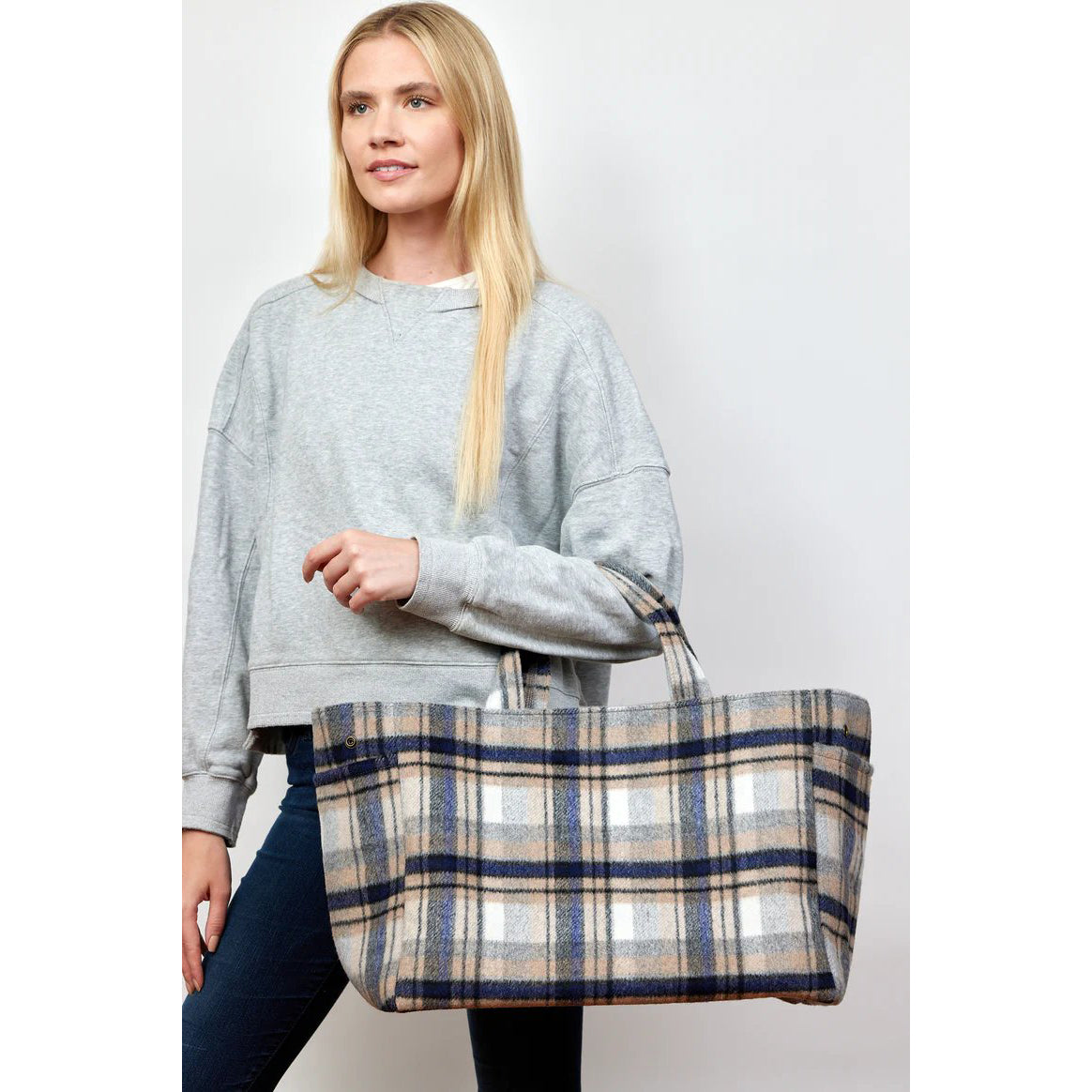 Plaid Airplane Tote Bag - Blue/Brown Combo