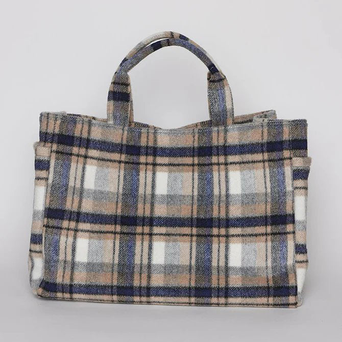 Plaid Airplane Tote Bag - Blue/Brown Combo