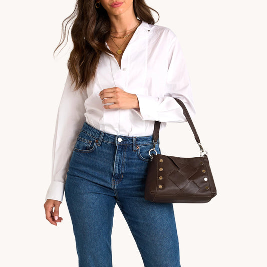 Hammitt Bryant Medium Crossbody Bag - Espresso Pebble Weave/Shiny Silver