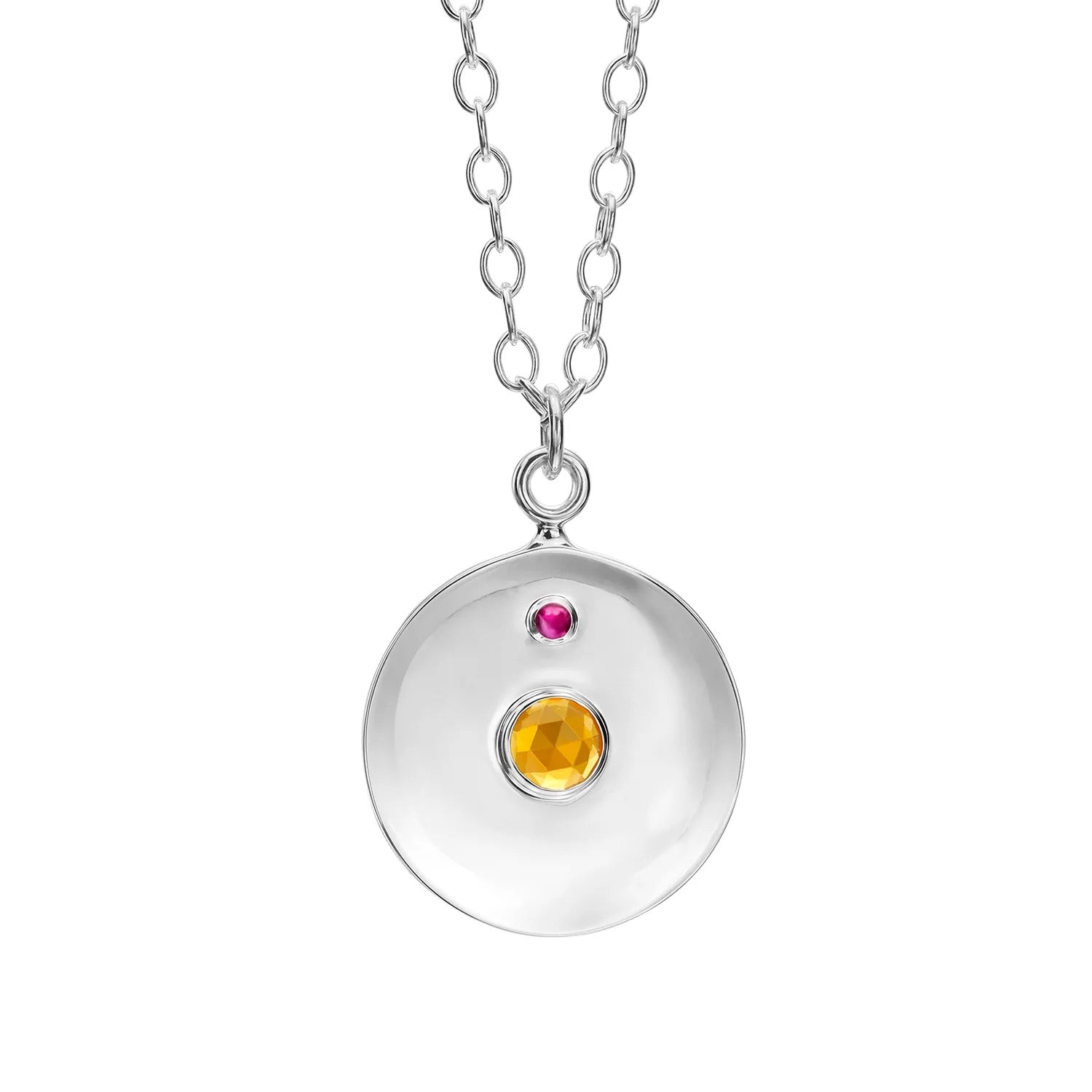 Sterling Silver Large Coin Pendant Necklace - Fire Opal + Ruby