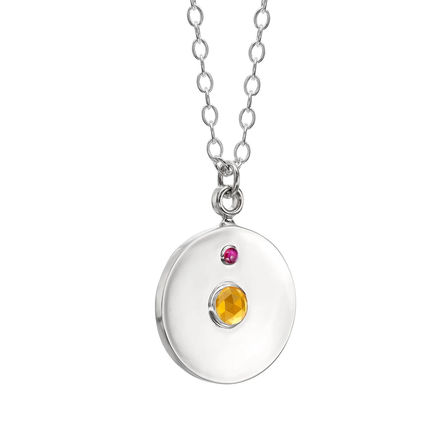 Sterling Silver Large Coin Pendant Necklace - Fire Opal + Ruby