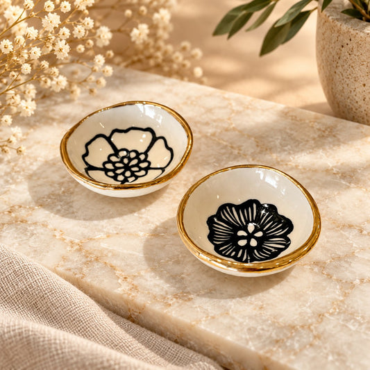 2" Handmade Floral Ceramic Catchall Dish with 22k Gold Luster