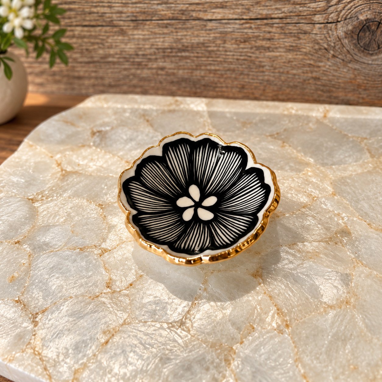 4" Handmade Flower-Shaped Ceramic Dish with 22k Gold Luster