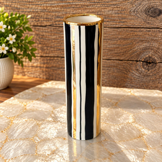 Handmade Heirloom Stripe Ceramic Cylinder Vase with 22k Gold Luster