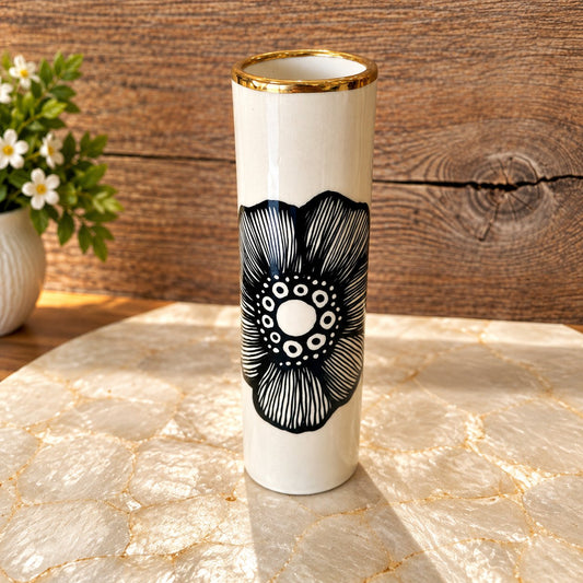 Handmade Ceramic Floral Tall Vase with 22k Gold Luster