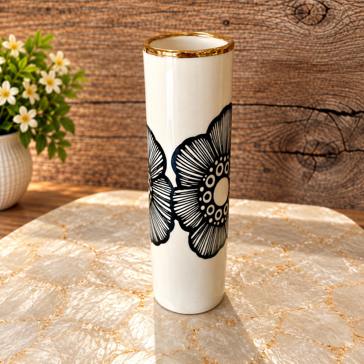 Handmade Ceramic Floral Tall Vase with 22k Gold Luster