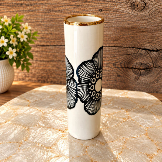 Handmade Ceramic Floral Tall Vase with 22k Gold Luster