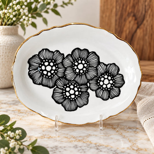 Handmade Floral Ceramic Platter with 22k Gold Luster