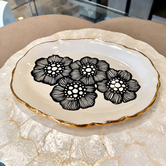 Handmade Floral Ceramic Platter with 22k Gold Luster