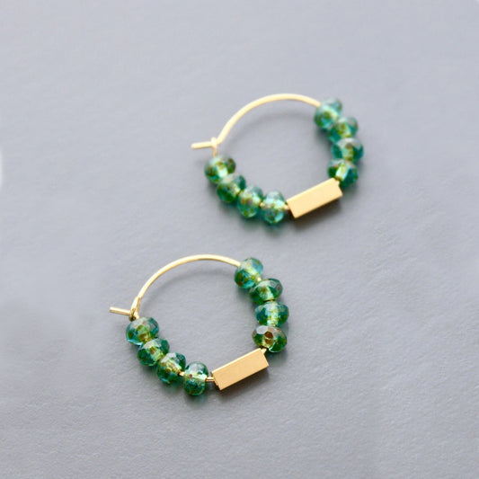 Mini Brass + Green Glass Hoop Earrings
