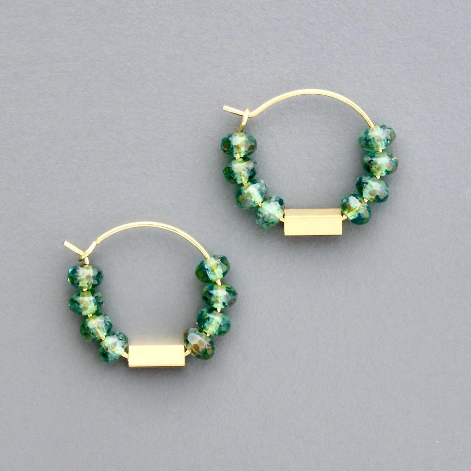 Mini Brass + Green Glass Hoop Earrings