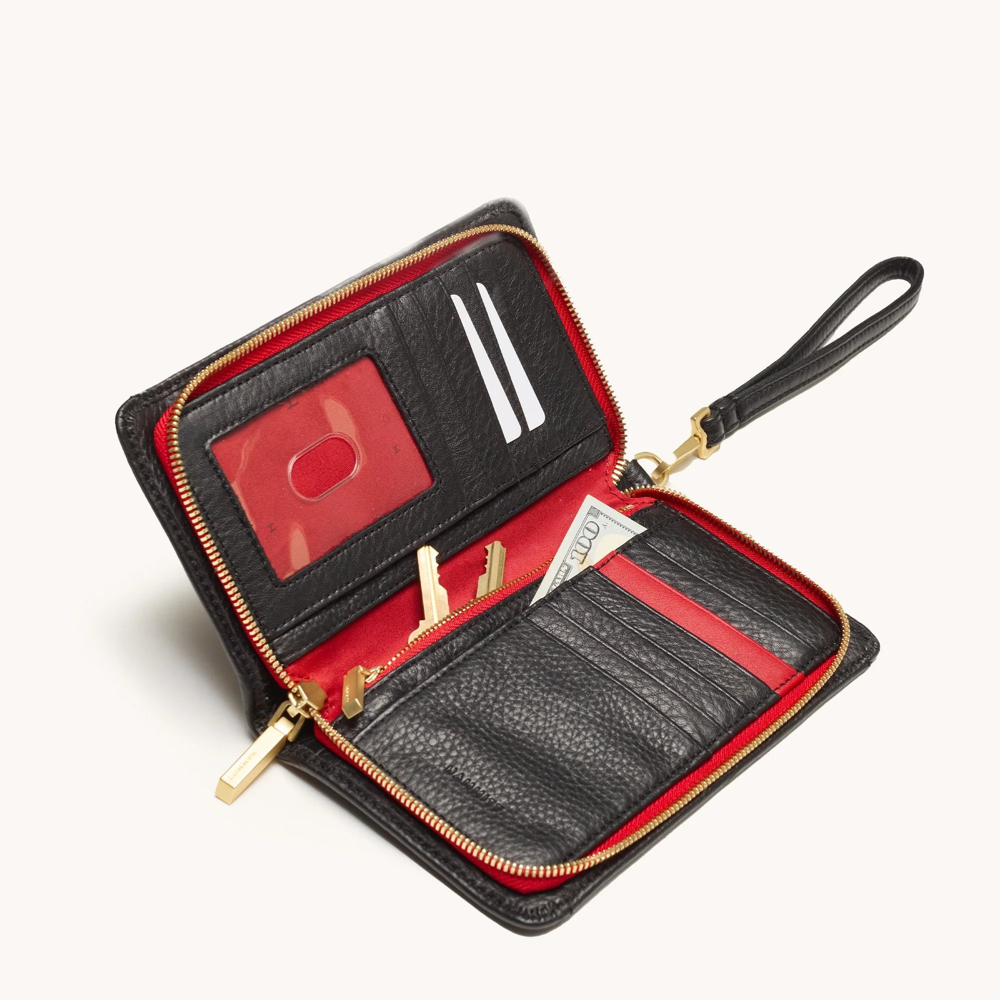 Hammitt Bryant Wallet - Black/Brushed Gold with Red Zip