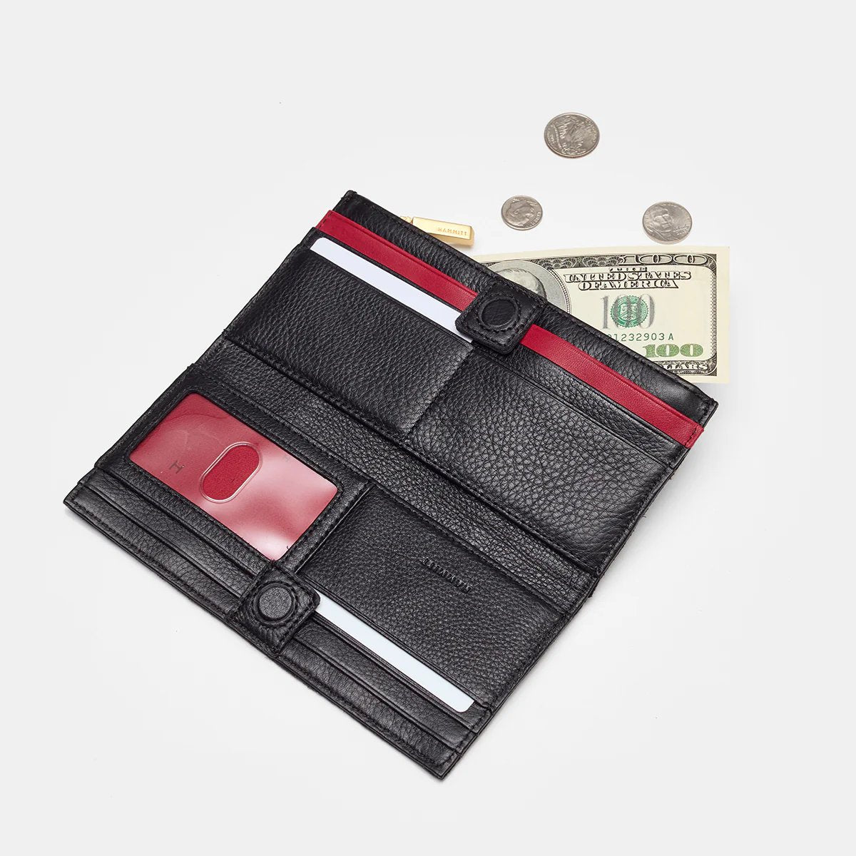 Hammitt 110 North Wallet - Black/Brushed Gold with Red Zip