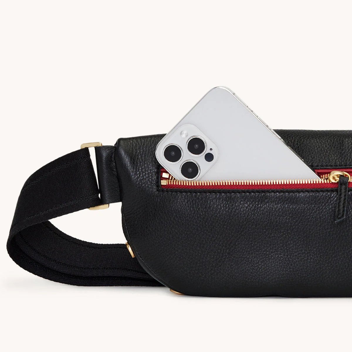 Hammitt Charles Belt Bag - Black/Brushed Gold with Red Zip