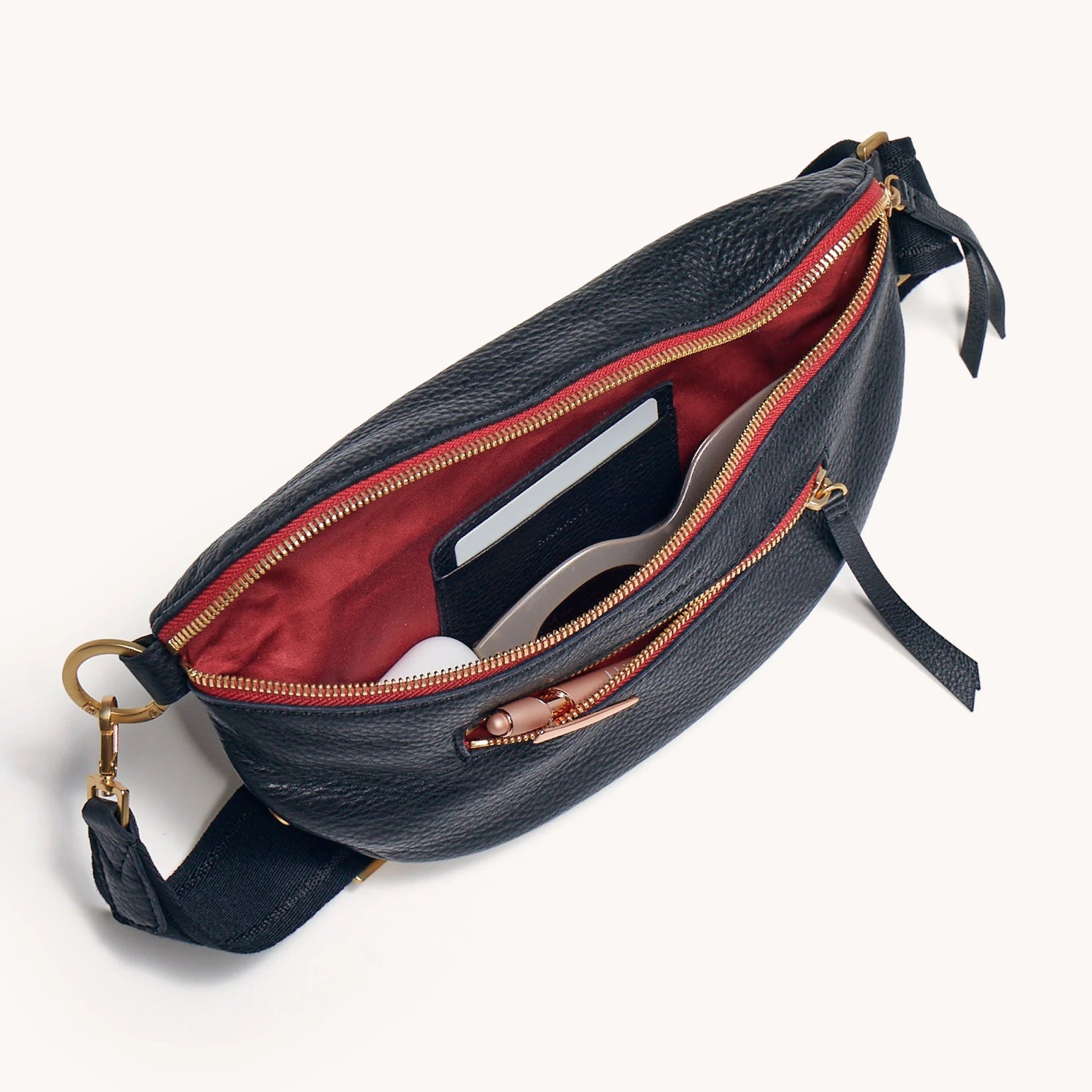 Hammitt Charles Belt Bag - Black/Brushed Gold with Red Zip