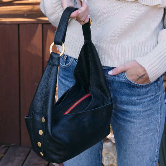 Hammitt Tom Zip Medium Bag - Black/Brushed Gold with Red Zip