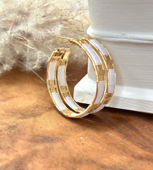 Handwoven Wire + Cord Everyday Hoop Earrings - White