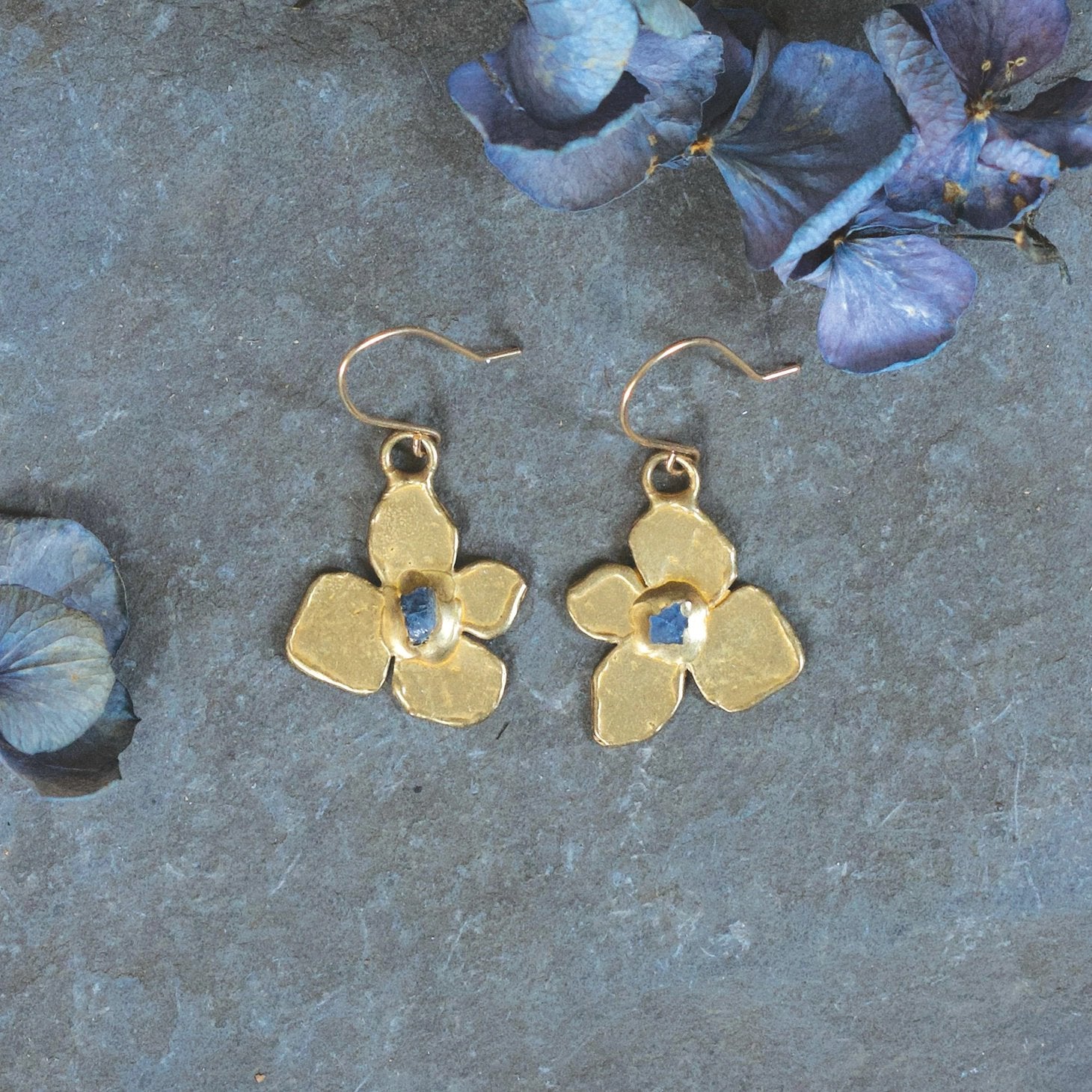 Brass Hydrangea Dangle Earrings with Raw Sapphires