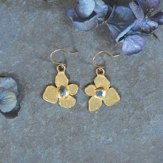 Brass Hydrangea Dangle Earrings with Raw Sapphires