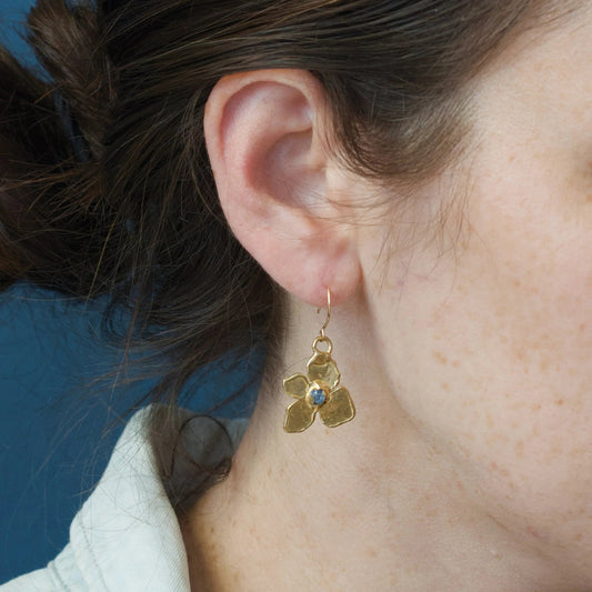 Brass Hydrangea Dangle Earrings with Raw Sapphires