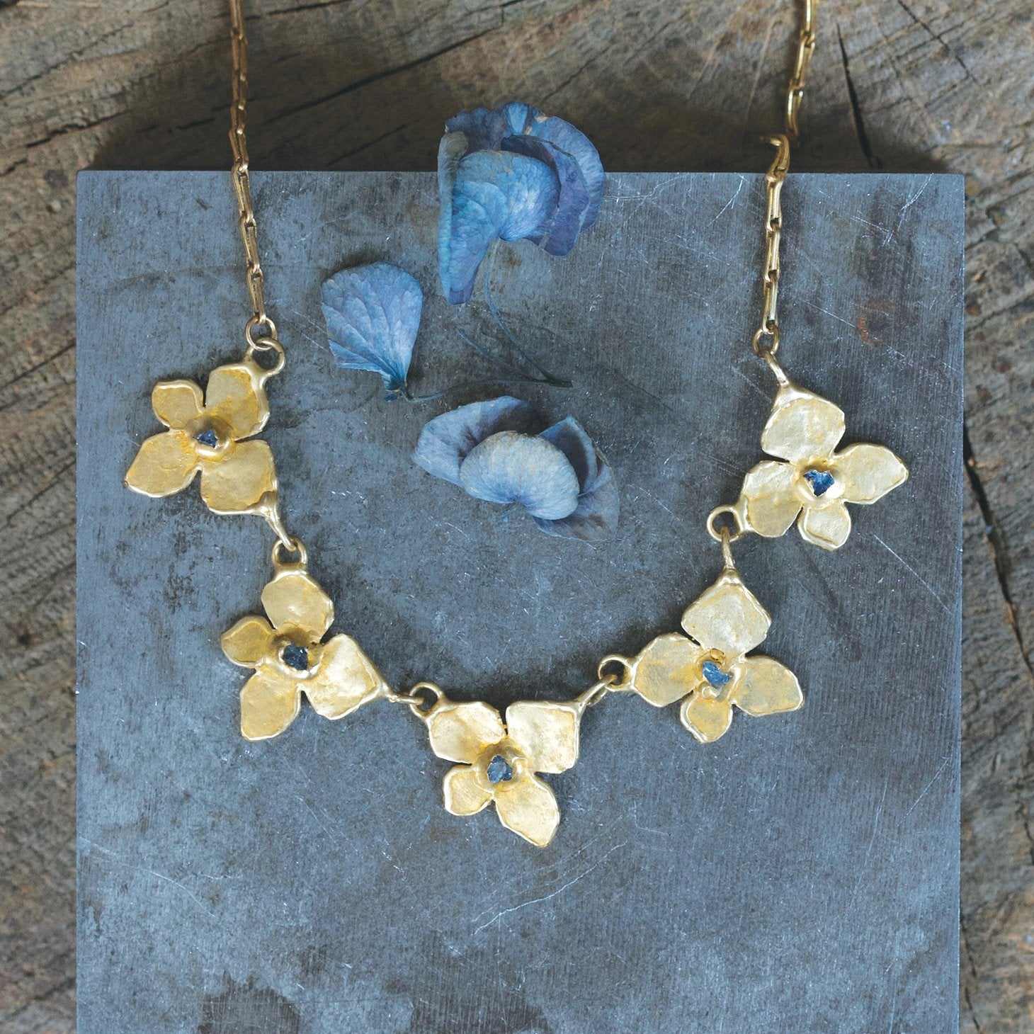 Brass Hydrangea Necklace with Raw Sapphires