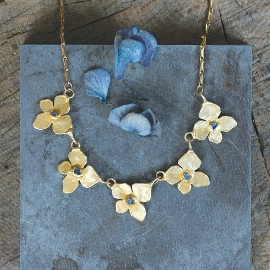 Brass Hydrangea Necklace with Raw Sapphires