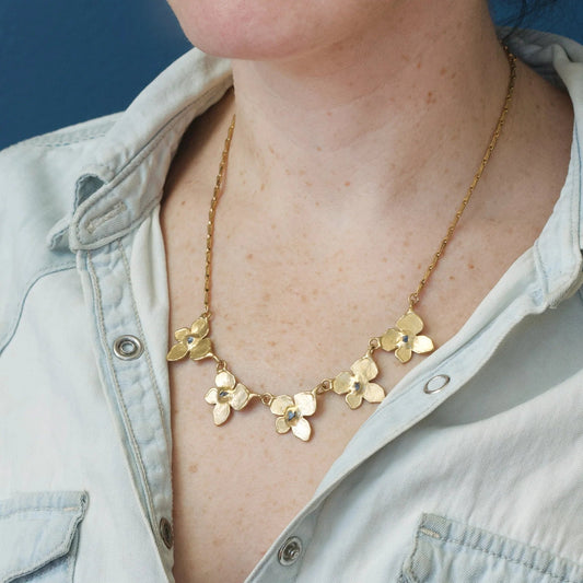 Brass Hydrangea Necklace with Raw Sapphires