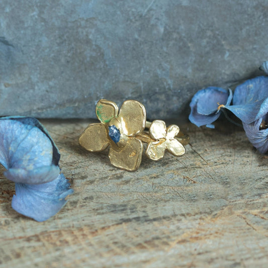 Brass Hydrangea Ring with Raw Sapphire