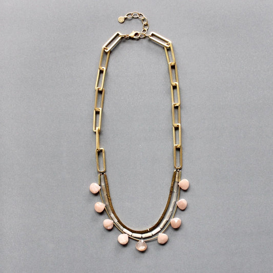 Peach Moonstone, Hematite + Brass Paperclip Chain Necklace