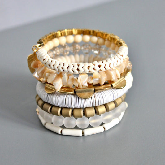 Mother of Pearl, Jade, Vulcanite + Brass Wrap Bracelet