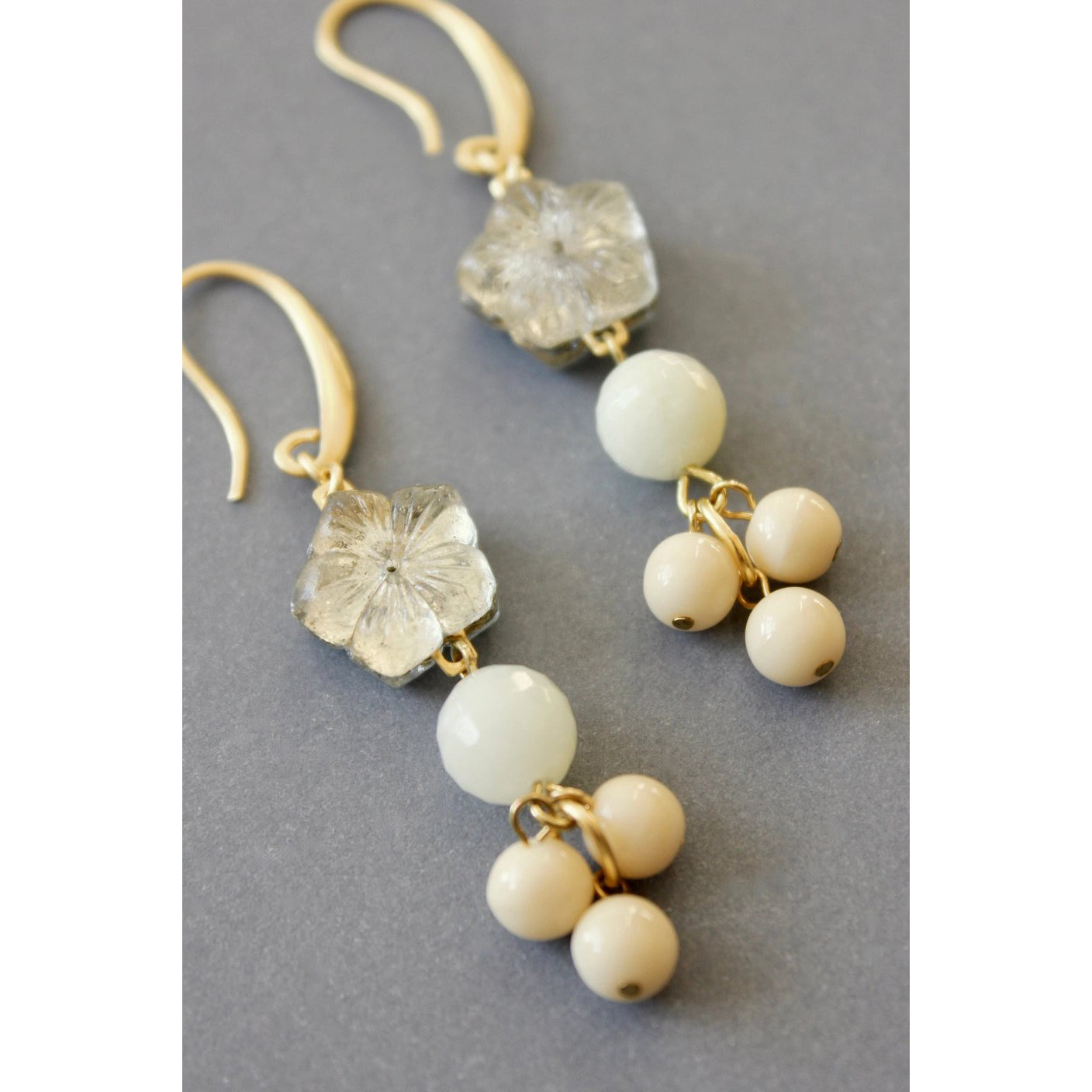 Vintage Glass Flower + Jade Cluster Statement Earrings